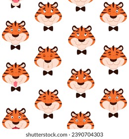 Colorful tiger seamless pattern. Cute cartoon striped animal character head in bow tie for kids decoration design. Beautiful wrapping paper fabric background repeat tile. Creative vector illustration.