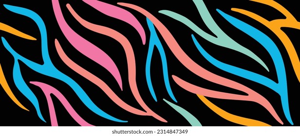 Colorful tiger skin in seamless pattern. Abstract art background background vector design with animal skin, doodle in vibrant color. Fun creative illustration for banner, fabric, prints, cover.