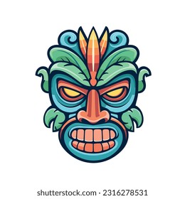 Colorful tiki mask isolated on white background. Tribal totem in hawaiian style. Vector stock