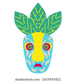 Colorful tiki mask vector illustration. Tribal wooden mask totem in hawaiian style.