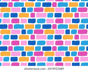 Colorido ladrillo de azulejo patrón sin fisuras. Fondo geométrico brillante infantil Abstractas. Cuadrados y rectángulos dibujados a mano. Patrón lindo de la historieta del garabato para el diseño de la cubierta, Fondo de pantalla, embalaje