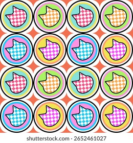 Colorful tile pattern featuring checkered cat silhouettes inside round badges on a square coral background..