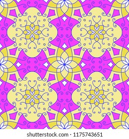 Colorful tile with symmetrical mandala. Vector seamless pattern. Fabric desing