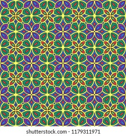 Colorful tile with symmetrical mandala. Vector seamless pattern. Fabric desing