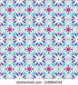 Colorful tile with symmetrical mandala. Vector seamless pattern. Fabric desing