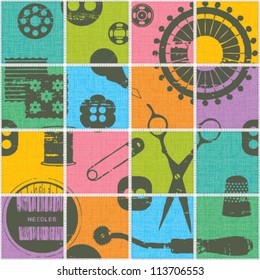 Colorful tiled seamless pattern with sewing and tailoring symbols on canvas textured background