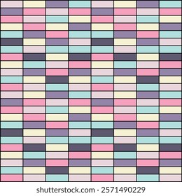 A colorful tile-inspired seamless pattern made up of rectangular blocks in soft pastel hues, arranged in a balanced grid layout. Great for modern and retro-themed projects.