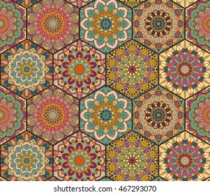 Colorful tiles boho seamless pattern. Hexagon mandala background. Abstract flower ornament. Floral wallpaper, furniture, textile print, hippie fabric. Romantic decoration from weave design elements.