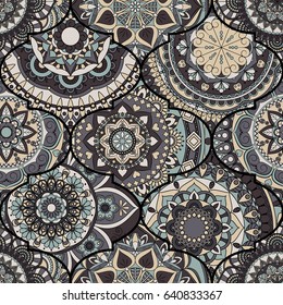 Colorful tiles boho seamless pattern. Mandala background. Abstract flower ornament. Floral wallpaper, furniture, textile print, hippie fabric. Romantic decoration from weave design elements.