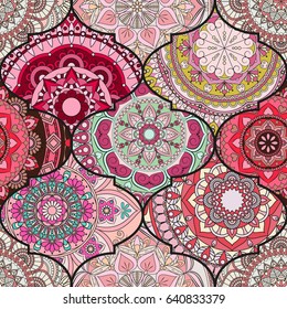 Colorful tiles boho seamless pattern. Mandala background. Abstract flower ornament. Floral wallpaper, furniture, textile print, hippie fabric. Romantic decoration from weave design elements.