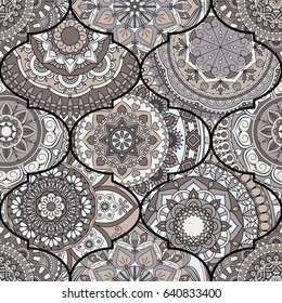 Colorful tiles boho seamless pattern. Mandala background. Abstract flower ornament. Floral wallpaper, furniture, textile print, hippie fabric. Romantic decoration from weave design elements.