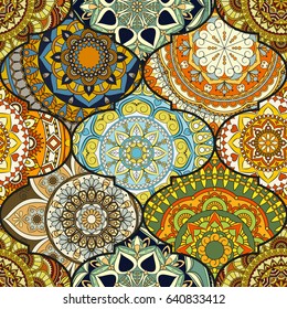 Colorful tiles boho seamless pattern. Mandala background. Abstract flower ornament. Floral wallpaper, furniture, textile print, hippie fabric. Romantic decoration from weave design elements.