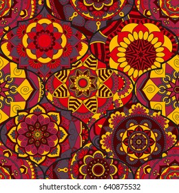Colorful tiles boho seamless pattern. Mandala background. Abstract flower ornament. Floral wallpaper, furniture, textile print, hippie fabric. Romantic decoration from weave design elements.