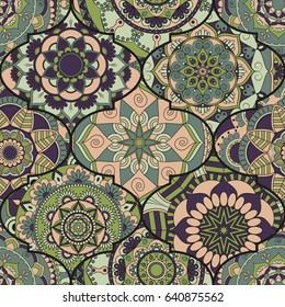 Colorful tiles boho seamless pattern. Mandala background. Abstract flower ornament. Floral wallpaper, furniture, textile print, hippie fabric. Romantic decoration from weave design elements.