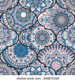 Colorful tiles boho seamless pattern. Mandala background. Abstract flower ornament. Floral wallpaper, furniture, textile print, hippie fabric. Romantic decoration from weave design elements.