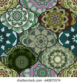 Colorful tiles boho seamless pattern. Mandala background. Abstract flower ornament. Floral wallpaper, furniture, textile print, hippie fabric. Romantic decoration from weave design elements.