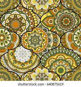 Colorful tiles boho seamless pattern. Mandala background. Abstract flower ornament. Floral wallpaper, furniture, textile print, hippie fabric. Romantic decoration from weave design elements.