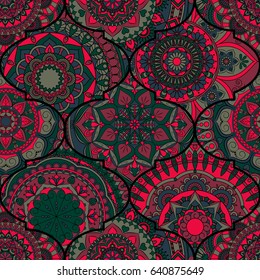Colorful tiles boho seamless pattern. Mandala background. Abstract flower ornament. Floral wallpaper, furniture, textile print, hippie fabric. Romantic decoration from weave design elements.