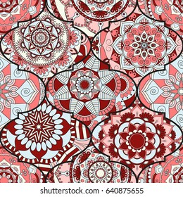 Colorful tiles boho seamless pattern. Mandala background. Abstract flower ornament. Floral wallpaper, furniture, textile print, hippie fabric. Romantic decoration from weave design elements.
