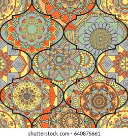 Colorful tiles boho seamless pattern. Mandala background. Abstract flower ornament. Floral wallpaper, furniture, textile print, hippie fabric. Romantic decoration from weave design elements.