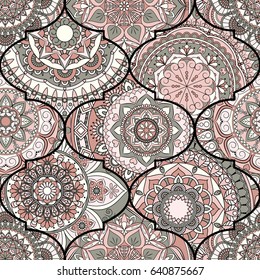 Colorful tiles boho seamless pattern. Mandala background. Abstract flower ornament. Floral wallpaper, furniture, textile print, hippie fabric. Romantic decoration from weave design elements.
