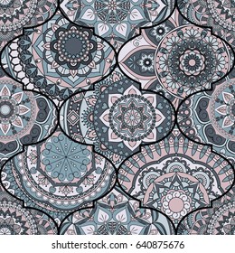 Colorful tiles boho seamless pattern. Mandala background. Abstract flower ornament. Floral wallpaper, furniture, textile print, hippie fabric. Romantic decoration from weave design elements.