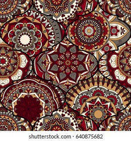 Colorful tiles boho seamless pattern. Mandala background. Abstract flower ornament. Floral wallpaper, furniture, textile print, hippie fabric. Romantic decoration from weave design elements.