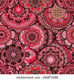 Colorful tiles boho seamless pattern. Mandala background. Abstract flower ornament. Floral wallpaper, furniture, textile print, hippie fabric. Romantic decoration from weave design elements.