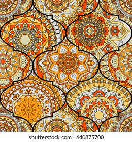 Colorful tiles boho seamless pattern. Mandala background. Abstract flower ornament. Floral wallpaper, furniture, textile print, hippie fabric. Romantic decoration from weave design elements.