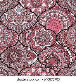 Colorful tiles boho seamless pattern. Mandala background. Abstract flower ornament. Floral wallpaper, furniture, textile print, hippie fabric. Romantic decoration from weave design elements.