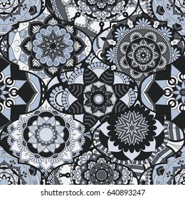 Colorful tiles boho seamless pattern. Mandala background. Abstract flower ornament. Floral wallpaper, furniture, textile print, hippie fabric. Romantic decoration from weave design elements.