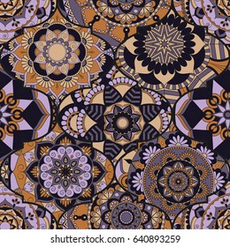 Colorful tiles boho seamless pattern. Mandala background. Abstract flower ornament. Floral wallpaper, furniture, textile print, hippie fabric. Romantic decoration from weave design elements.