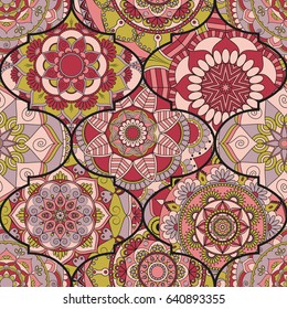 Colorful tiles boho seamless pattern. Mandala background. Abstract flower ornament. Floral wallpaper, furniture, textile print, hippie fabric. Romantic decoration from weave design elements.