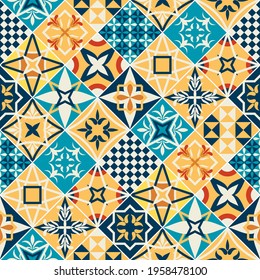 Colorful tiles patchwork pattern design. Spanish or French style (Provence region) vector illustration texture.