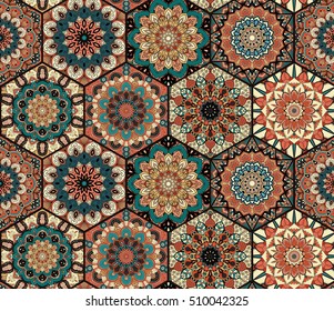 Colorful tiles pattern. Seamless pattern. Boho hexagon mandala background. Abstract flower ornament. Floral wallpaper, furniture, textile print, fabric. Romantic decoration. Weave design elements.
