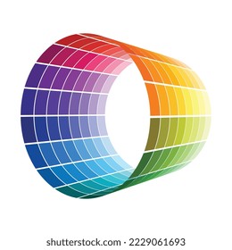 Baldosas coloridas que hacen una tubería con un patrón concéntrico. Cilindro en perspectiva hecho de colores espectrales arcoiris aislados en blanco. Elemento abstracto para el diseño.