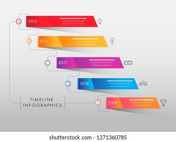 Colorful timeline infographic elements on gray background. Yearly business growth or success concept.