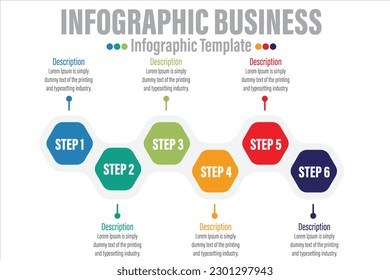 Colorful timeline infographic with Six 6 Steps, Six 6 options design template, Infographics management, finance, analytics, presentation. Vector illustration