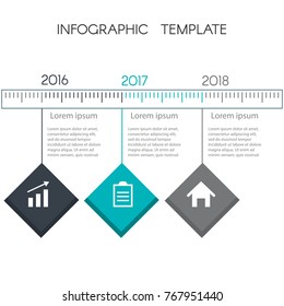 Colorful timeline infographic from squares. Template for graphics, presentation, business, web design, reports. Chart with 3 steps. With space for text and icons. Slide Template