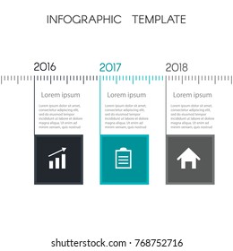 Colorful timeline infographic from squares. Template for graphics, presentation, business, web design, reports. Chart with 3 steps. With space for text and icons. Slide Template