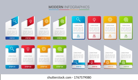 Farbige Timeline-Infografische Vorlage mit 4 Schritten auf grauem Hintergrund, Vektorgrafik