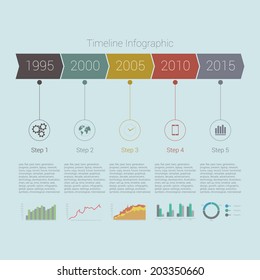 Colorful timeline infographic. Vector design template with years and timeline divided by steps. Growth, rising of business and earnings, comparing charts. Pie, bar, line, bubble graphs and diagrams