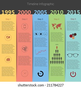 Colorful timeline infographic. Vector design template with years and timeline divided by steps. Growth, rising of population in the world, comparing charts. Pie, bar, line, graphs and diagrams