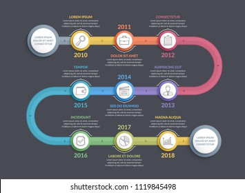 Colorful timeline infographics template with 9 steps, workflow, process, history diagram, vector eps10 illustration