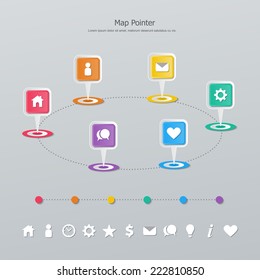 colorful timeline map pointers on target signs with symbols in flat design style. vector.