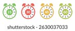 Colorful Timer Icons – 15, 30, 45, 60 Minute Stopwatch Clock Symbols in white background