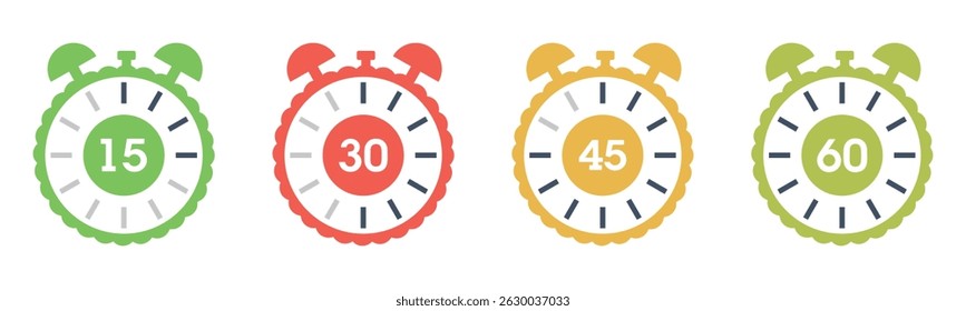 Colorful Timer Icons – 15, 30, 45, 60 Minute Stopwatch Clock Symbols in white background