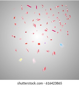 Colorful tiny confetti Falling on Glowing Background. Christmas, Birthday, Anniversary Party Concept. Vector Illustration EPS10.