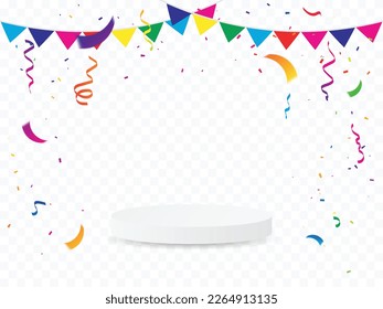 Colorful Tiny Confetti And Podium With Streamer Ribbon Falling On White Background. Vector