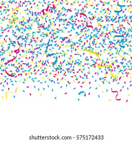 Colorful Tiny Confetti And Ribbon On White Background. Vector
